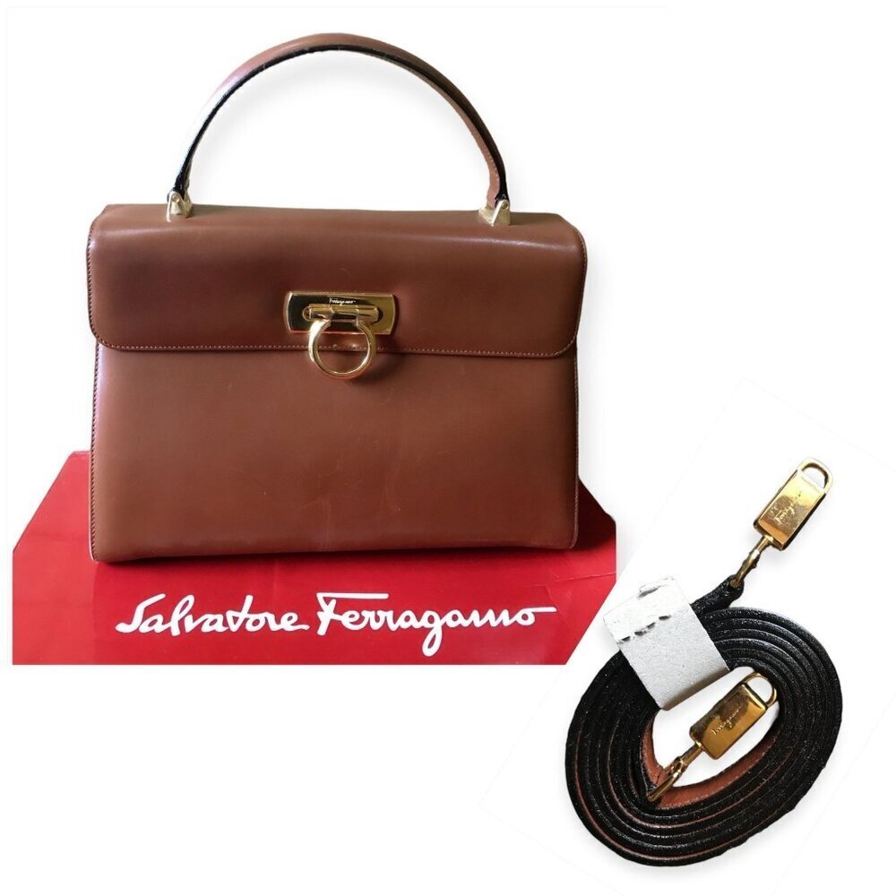 Vintage Salvatore Ferragamo Gancini 2 way top handle bag with strap, Tan/Brown
